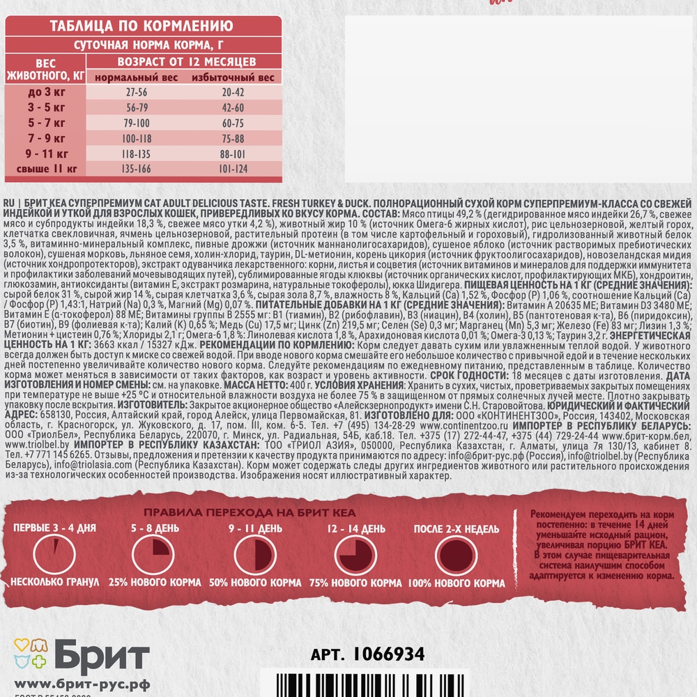 Сухой корм для взрослых кошек Brit Care с индейкой и уткой 0.4кг - фото 5