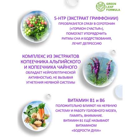5-HTP таблетки от стресса Green Leaf Formula от тревоги депрессии успокоительное для взрослых витамины группы В