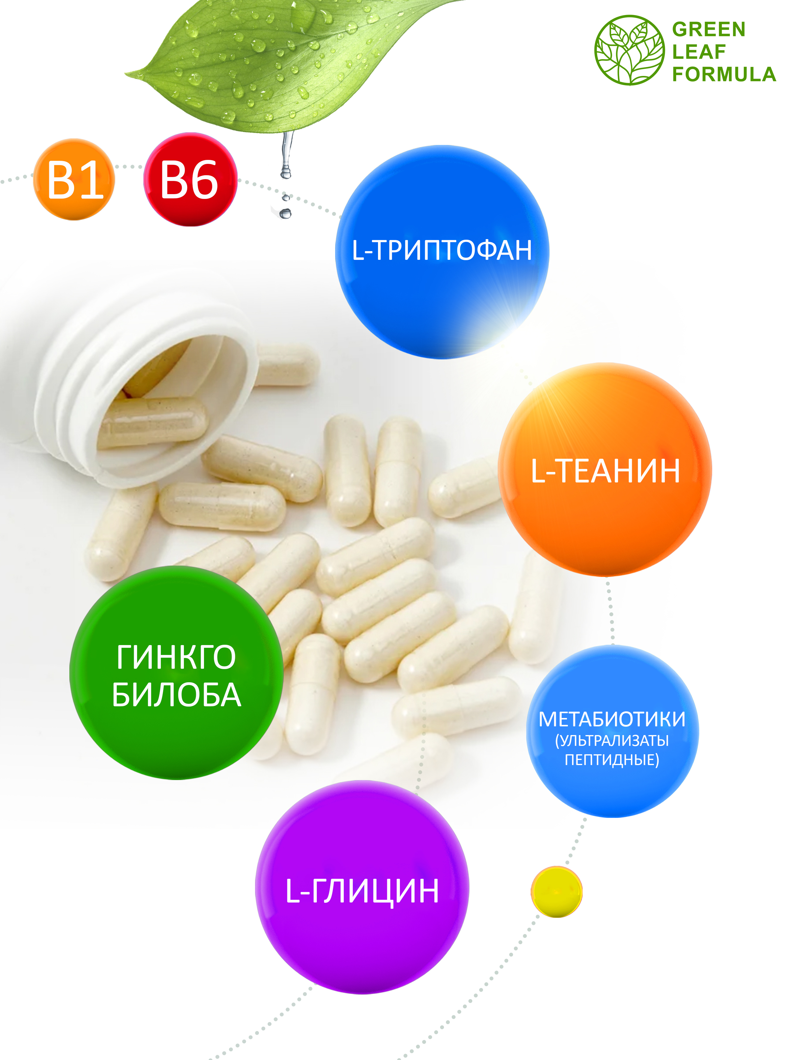 Витамины для мозга Green Leaf Formula для нервной системы триптофан глицин для памяти внимания от стресса и депрессии - фото 4