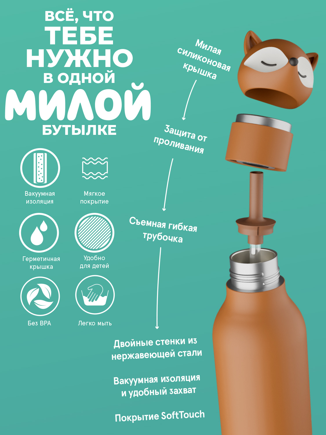 Термобутылка ASOBU Bestie Лиса, 460 мл - фото 3