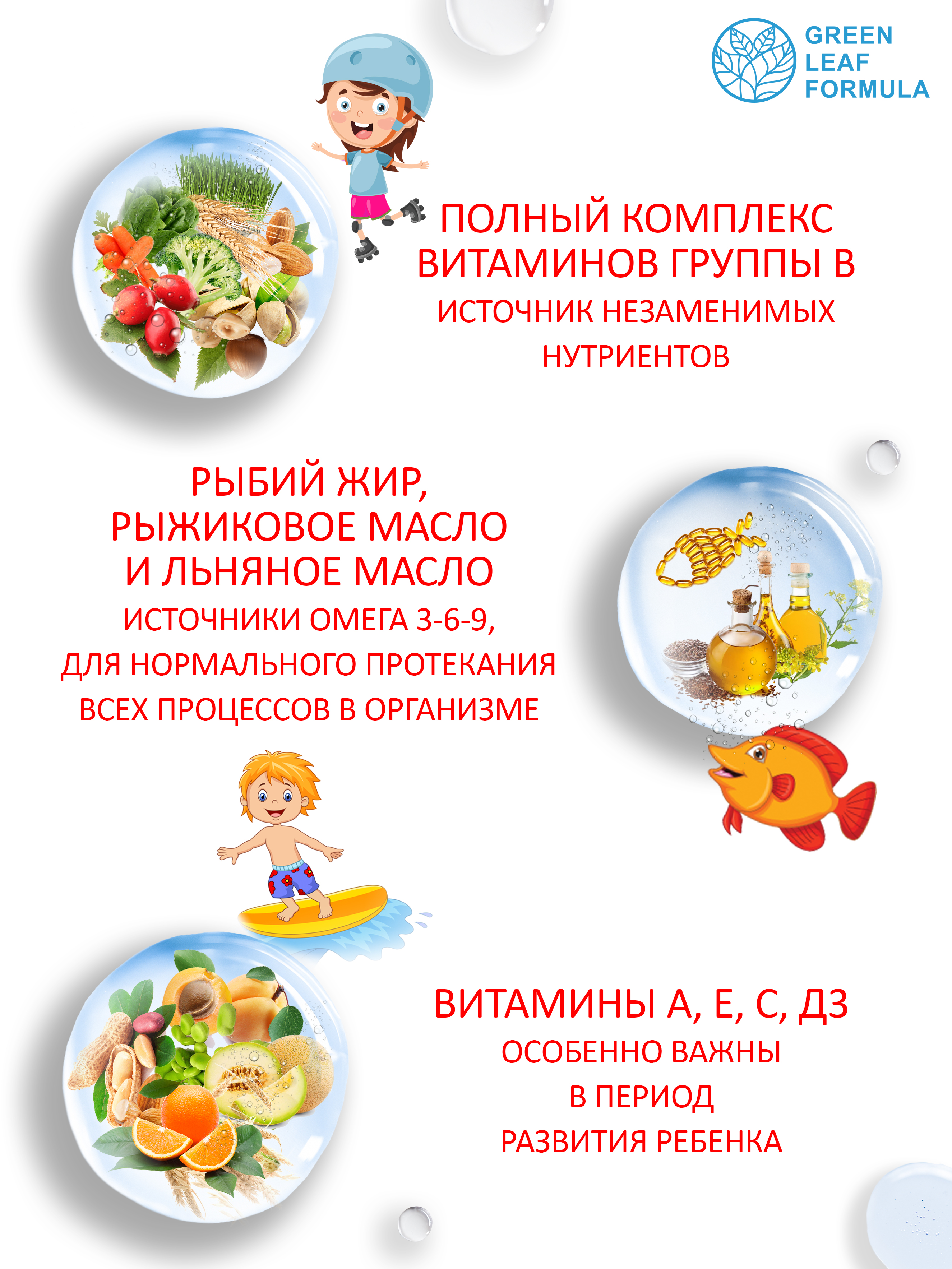 Детский мультикомплекс Green Leaf Formula омега 3-6-9 витамины B А Е D3 С 550 мг 90 капсул - фото 5