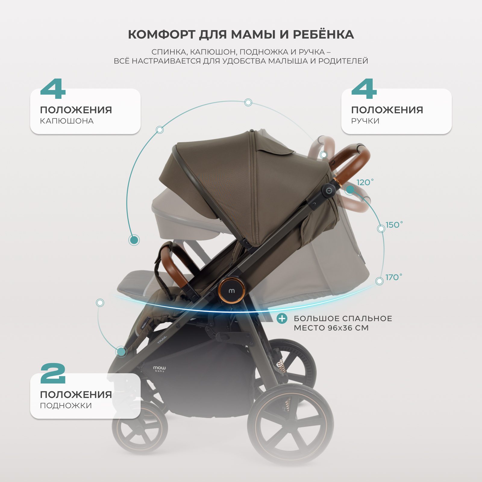 Коляска прогулочная MOWbaby Trail коричневый - фото 2