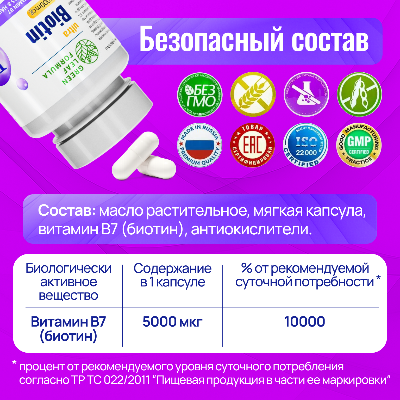 Биотин 5000 Green Leaf Formula для кожи для волос для ногтей витамины для женщин - фото 4