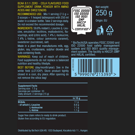 БЦАА BiotechUSA BCAA 8:1:1 Zero 250 г. Кола
