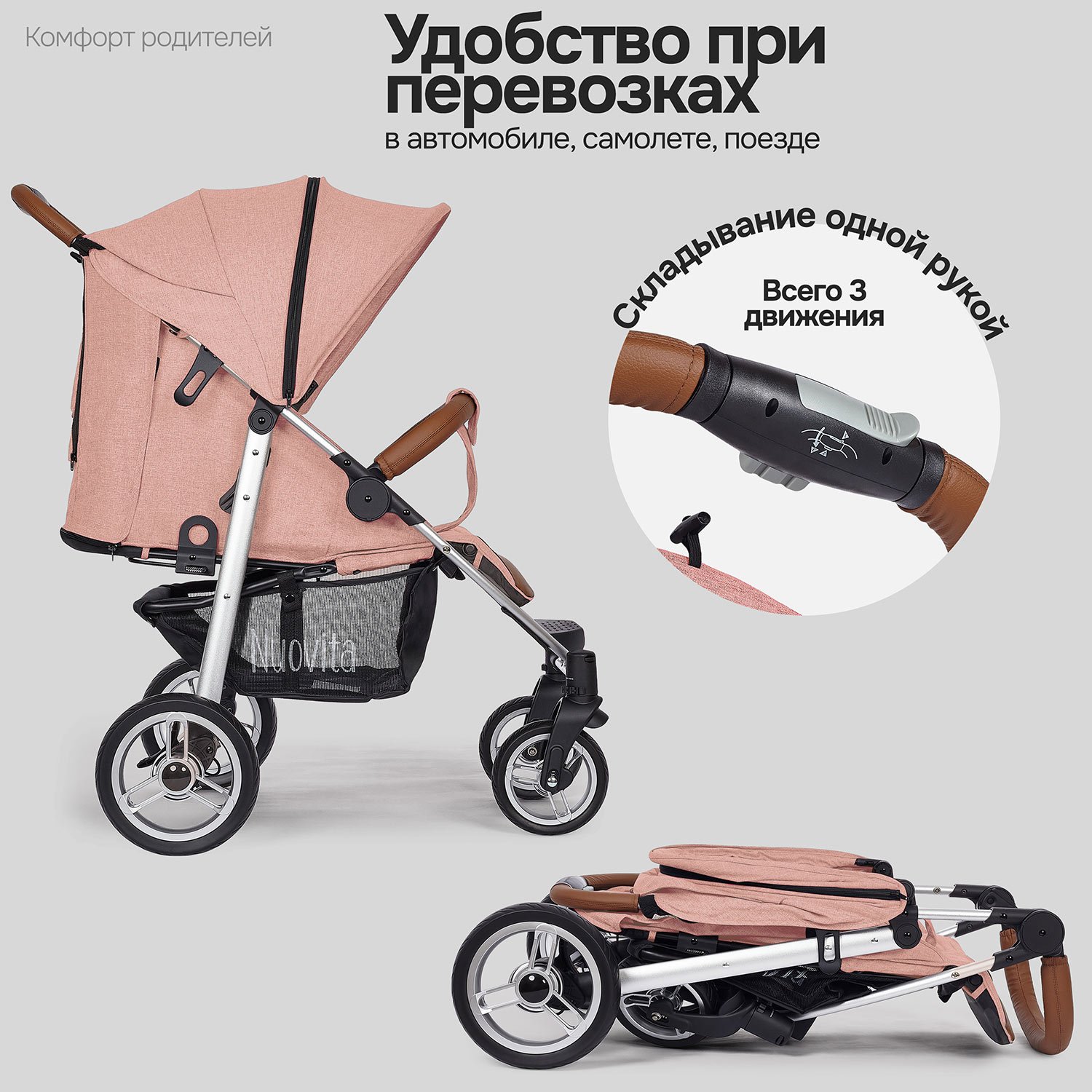 Коляска прогулочная Nuovita Corso розовый - фото 8