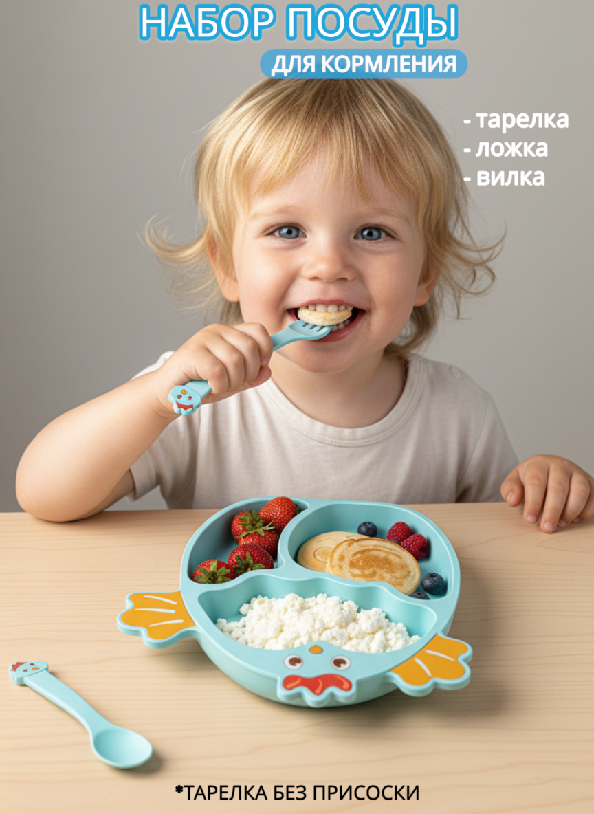 Изображение товара Детский набор посуды Добрый Филин 4 предмета тарелка ложка вилка палочки