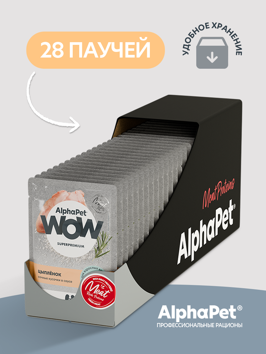Пауч 28 шт Влажный полнорационный корм AlphaPet для взрослых кошек цыпленок сочные кусочки в соусе 85 г - фото 9