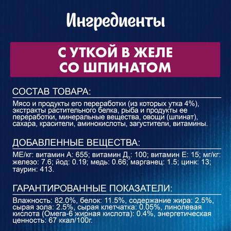 Корм для кошек Felix 75г Sensations для взрослых кошек с уткой и шпинатом желе