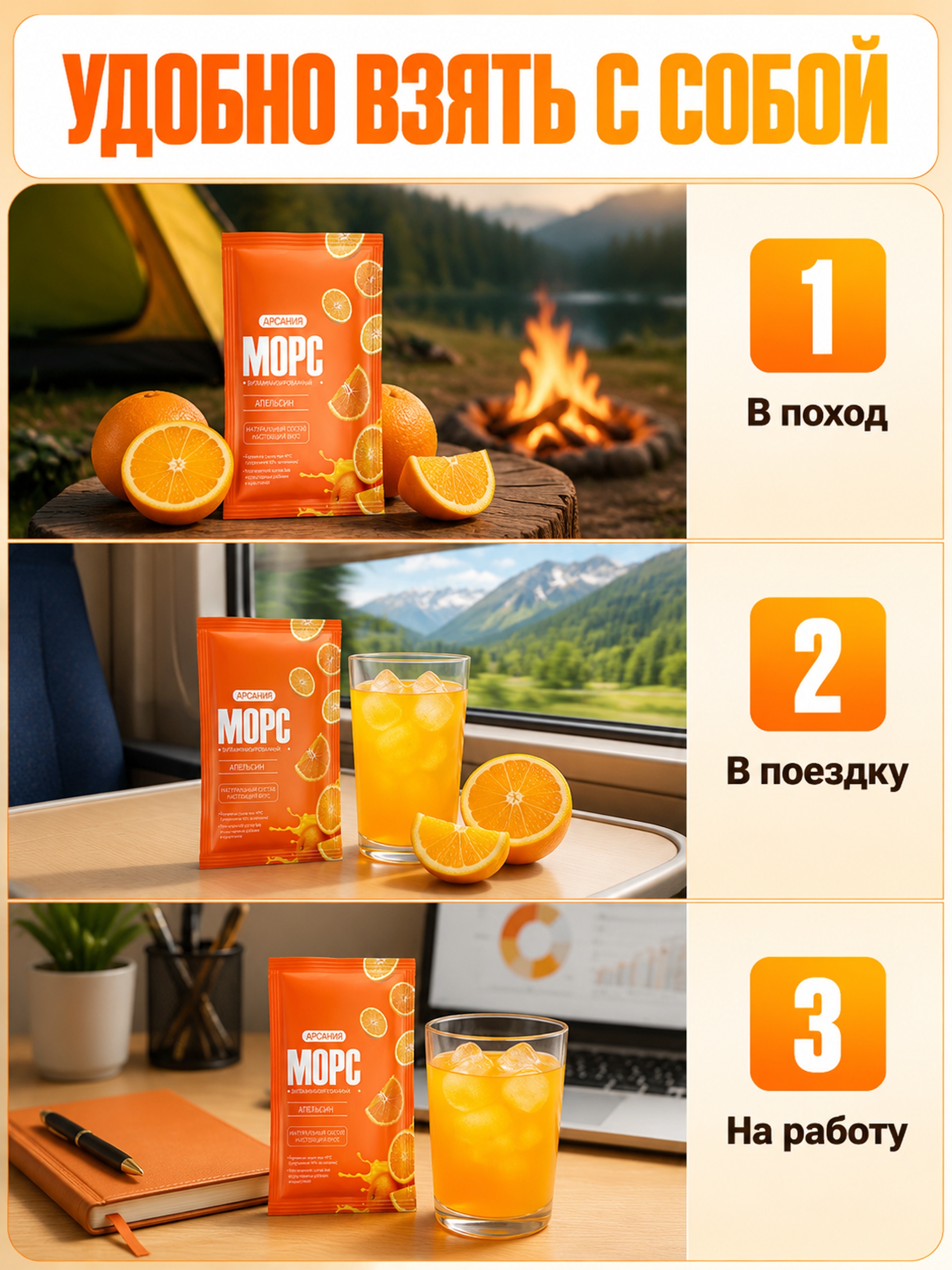 Морс «Апельсиновый» АРСАНИЯ напиток с витаминами 10 саше - фото 2