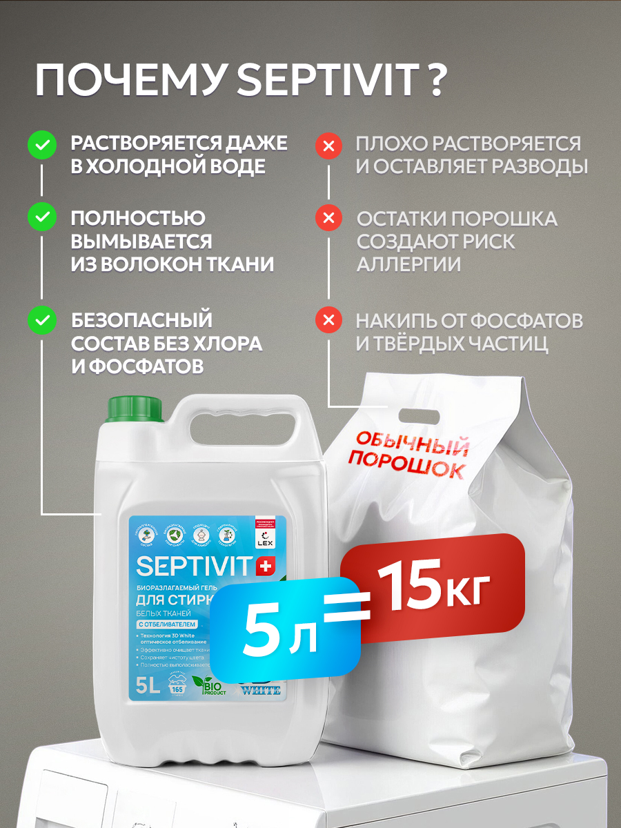 Гель для стирки SEPTIVIT белых тканей 5 л - фото 8