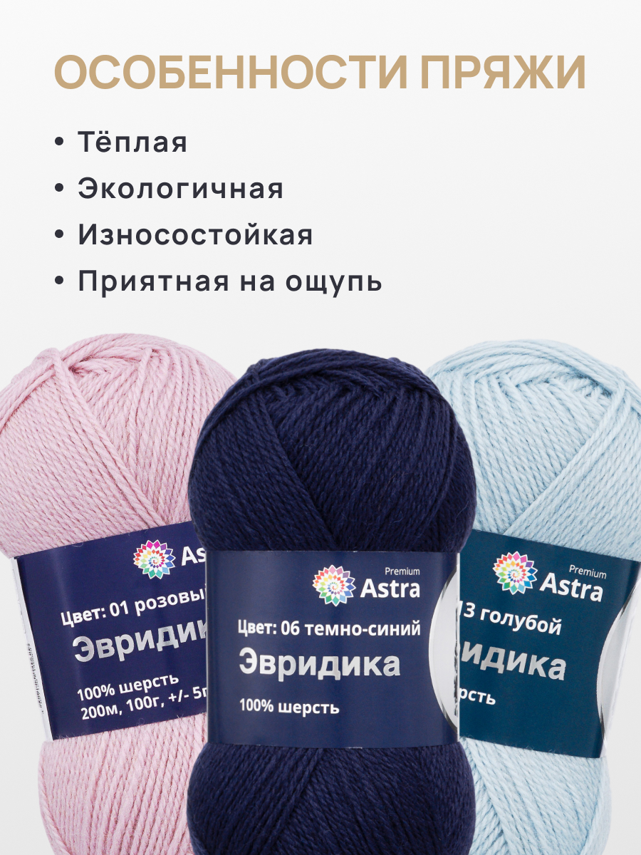 Пряжа Astra Premium Эвридика шерстяная 100 г 200 м 06 темно-синий 3 мотка - фото 5