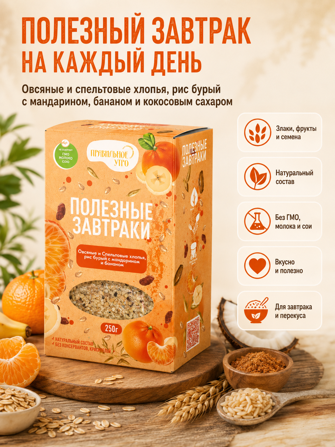 Готовый завтрак мюсли Правильное утро Овсяные Спельтовые хлопья Рис бурый 65гр - фото 6