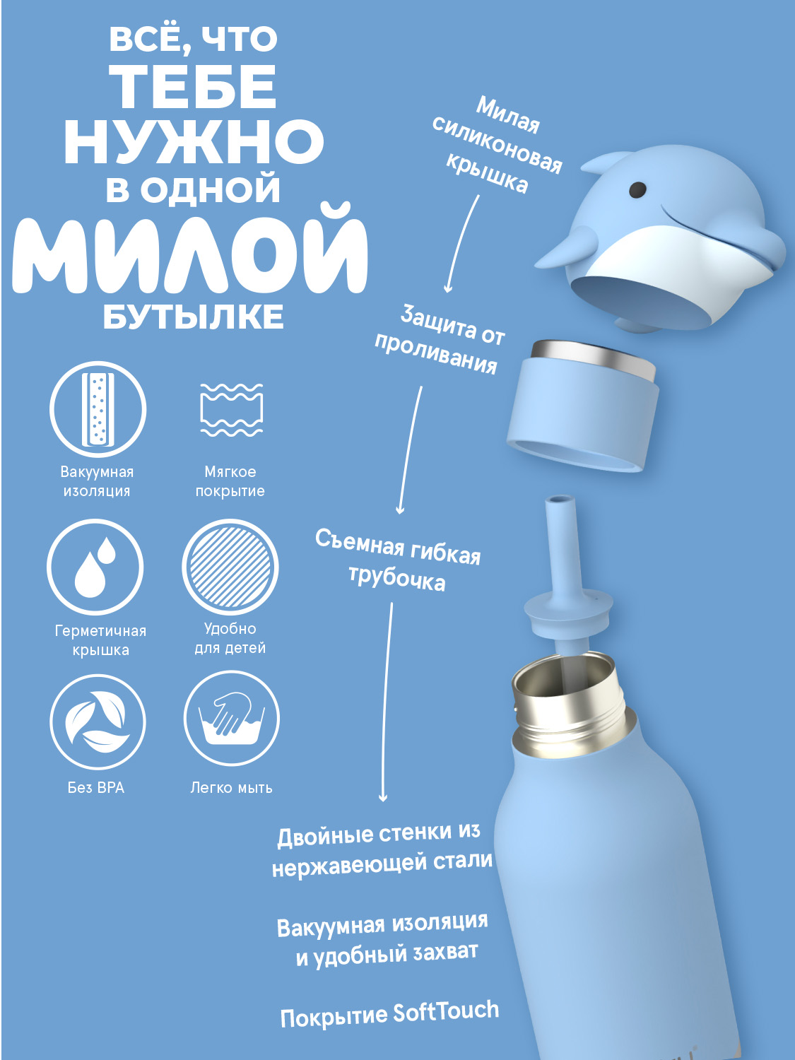 Термобутылка для воды с трубочкой ASOBU Bestie Дельфин 460 мл - фото 3
