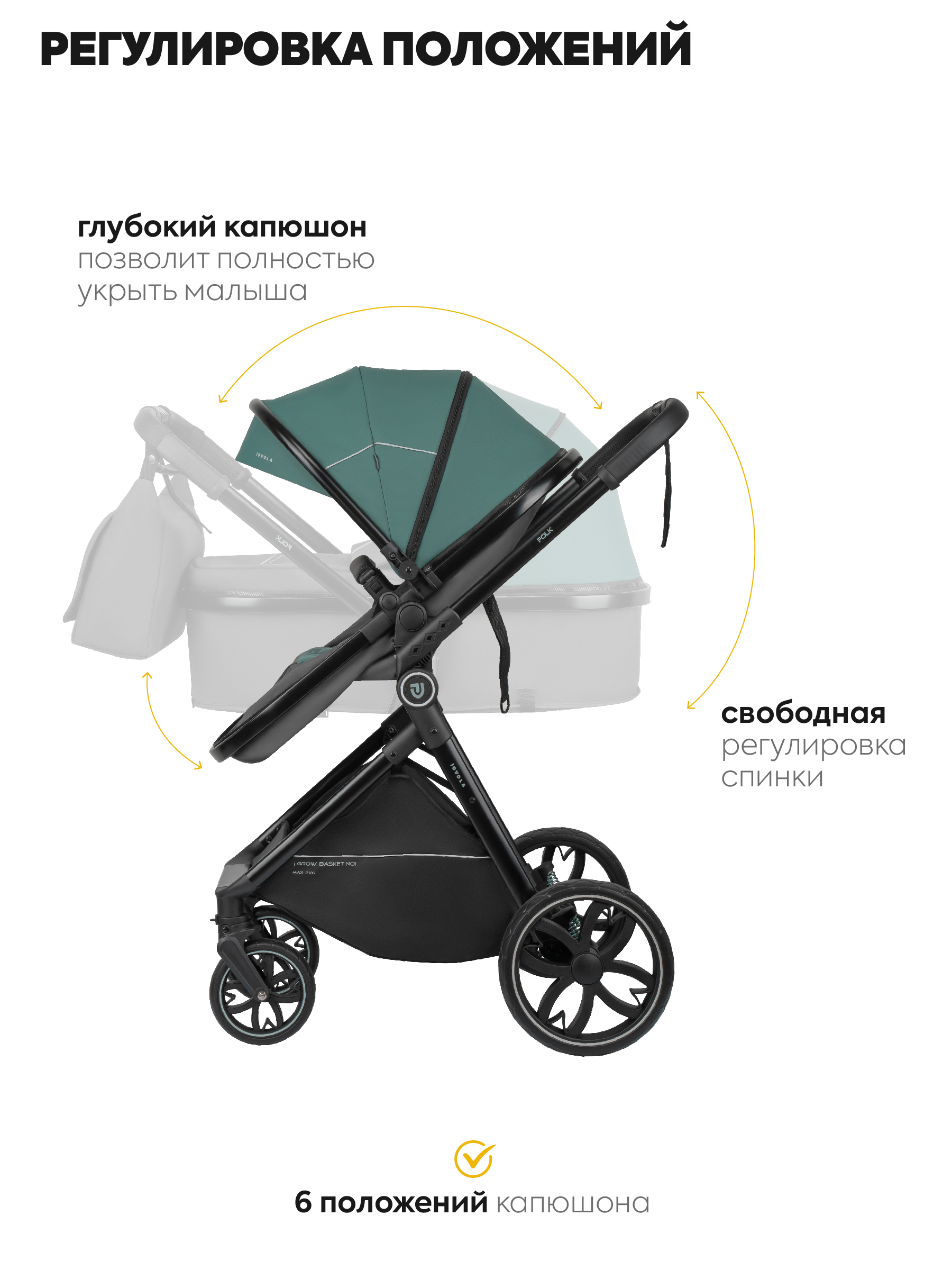 Коляска трансформер JOVOLA Folk W с утепленным вкладышем зеленый - фото 7