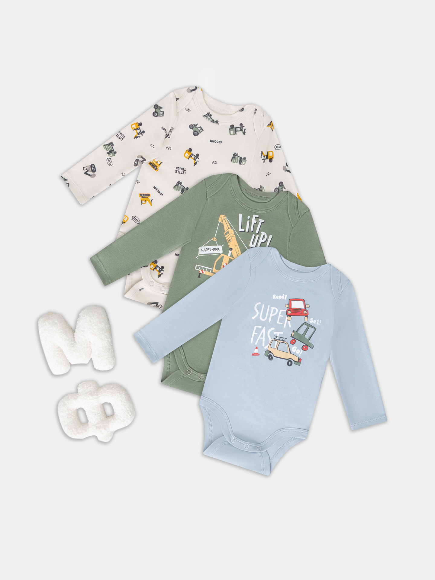 Боди 3 шт Mark Formelle (Марк Формэль) 13016-3/морской +серо-голубой +тракторы на белом песке - фото 1