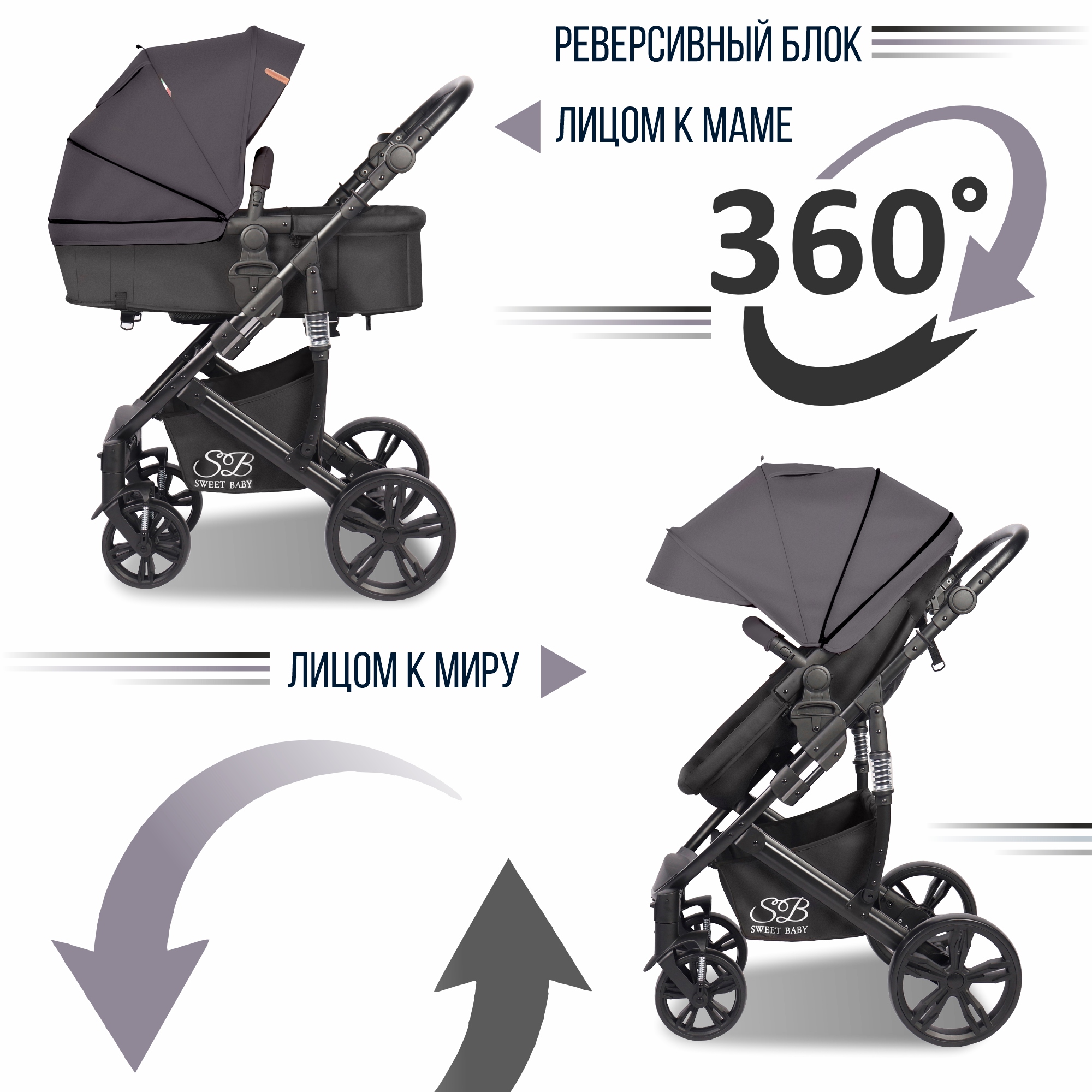 Коляска трансформер Sweet Baby Comfort black grey черный - фото 7