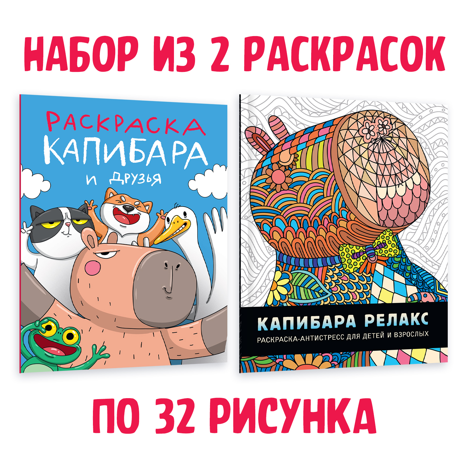 Раскарска Проф-Пресс антистресс комплект из 2 шт по 32 стр. 24х30 см. Капибара и друзья+ релакс - фото 1