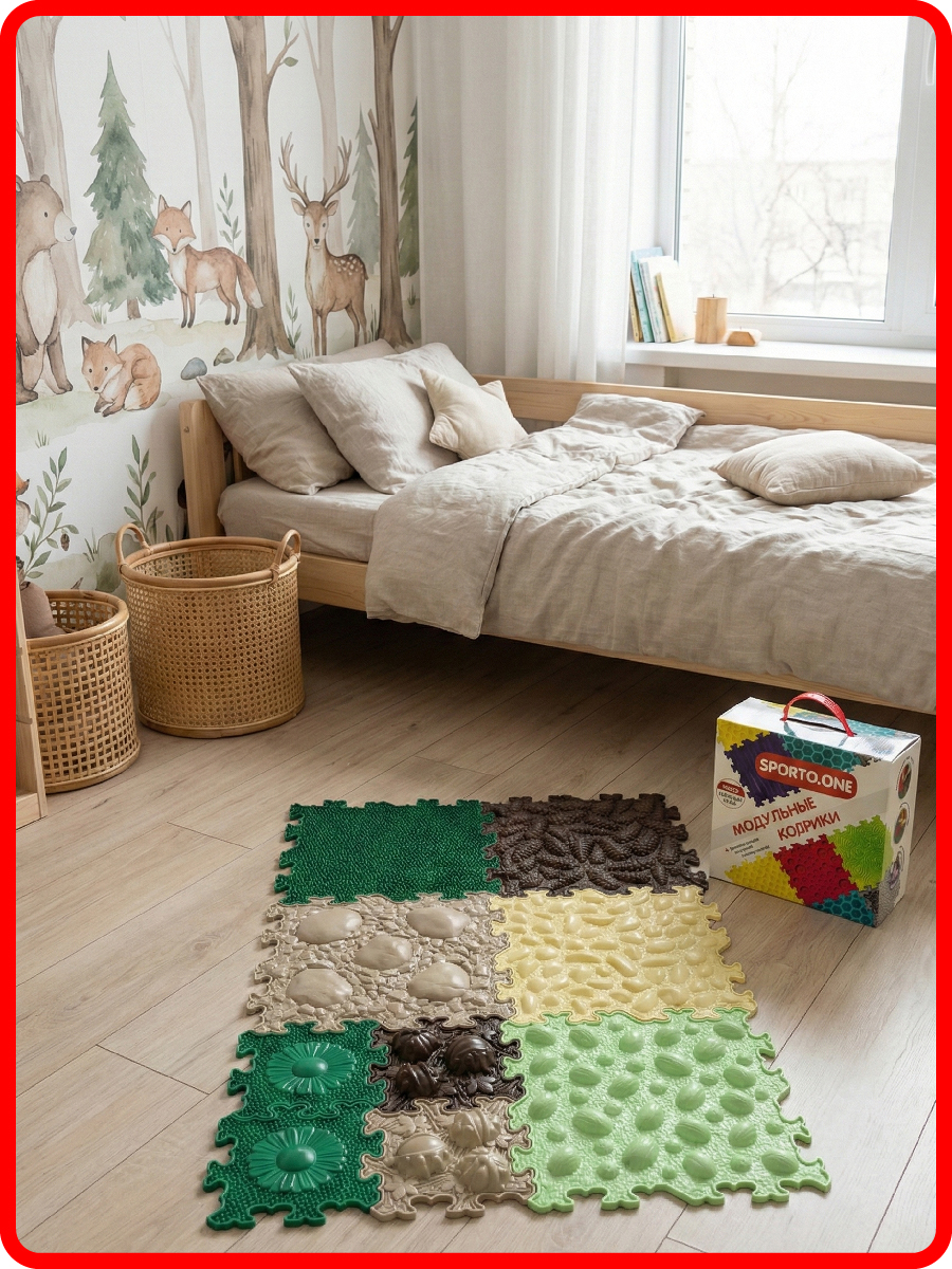 Модульный детский развивающий коврик-пазл SPORTO.ONE, Таежный край, 9 модулей - массажная поверхность - фото 6