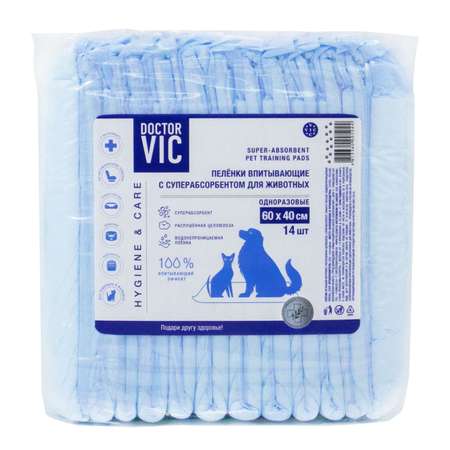 Пеленки для животных Doctor VIC впитывающие с суперабсорбентом одноразовые 60*40см 14шт