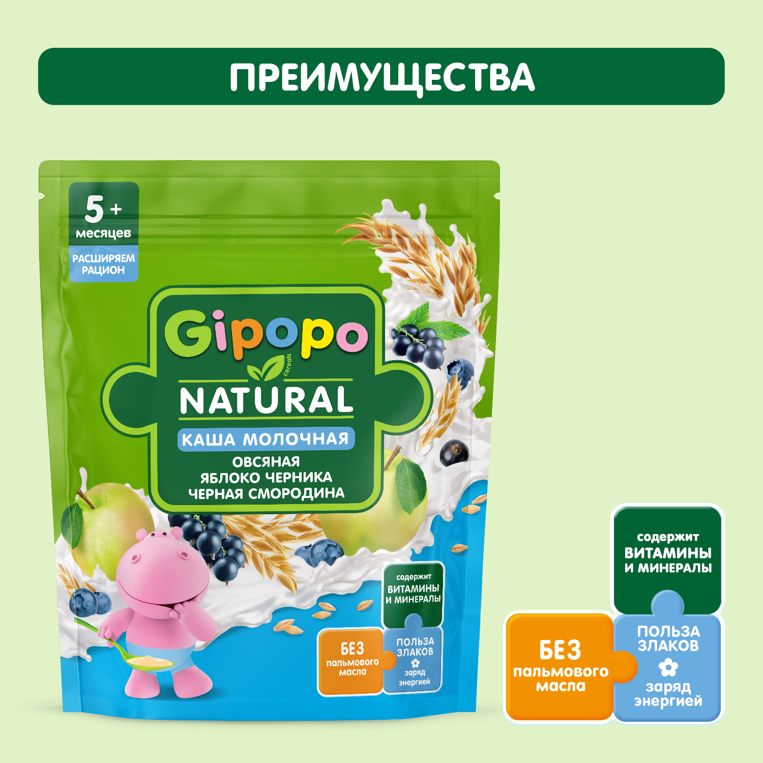 Каша Gipopo молочная овсяная яблоко черника черная смородина 170г с 5 месяцев - фото 2