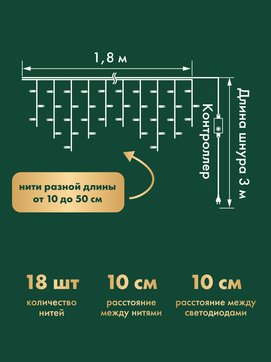 Светодиодная гирлянда NEON-NIGHT Бахрома 1.8х0.5 м 8 режимов синее свечение - фото 6