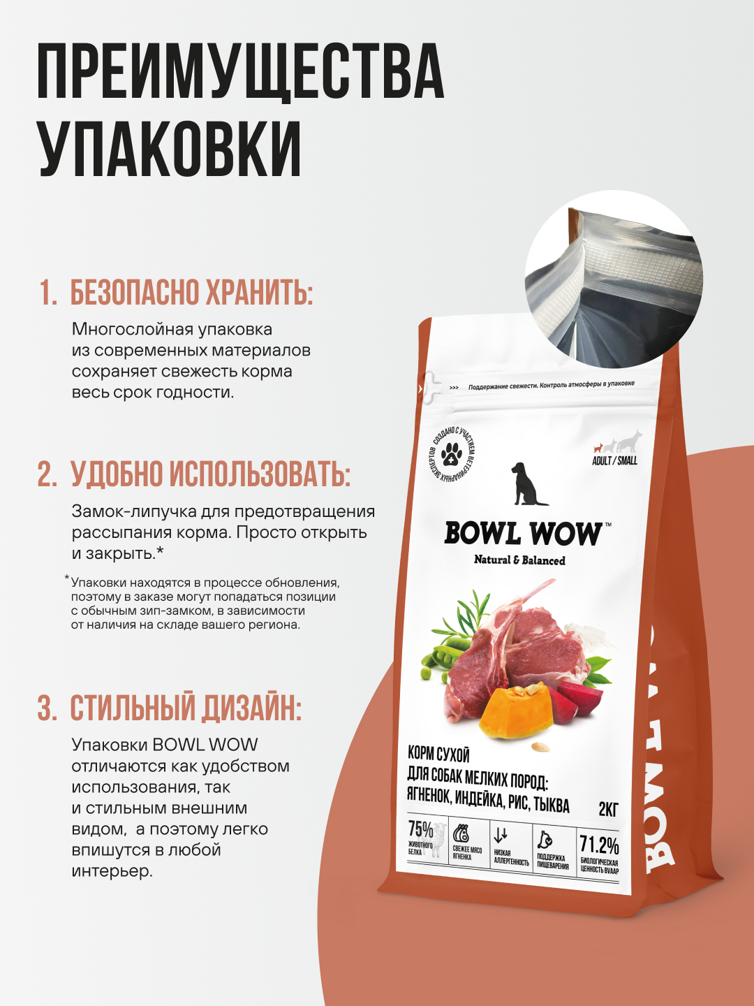 Корм сухой полнорационный BOWL WOW для взрослых собак мелких пород с ягненком, индейкой, рисом и тыквой 2кг - фото 6
