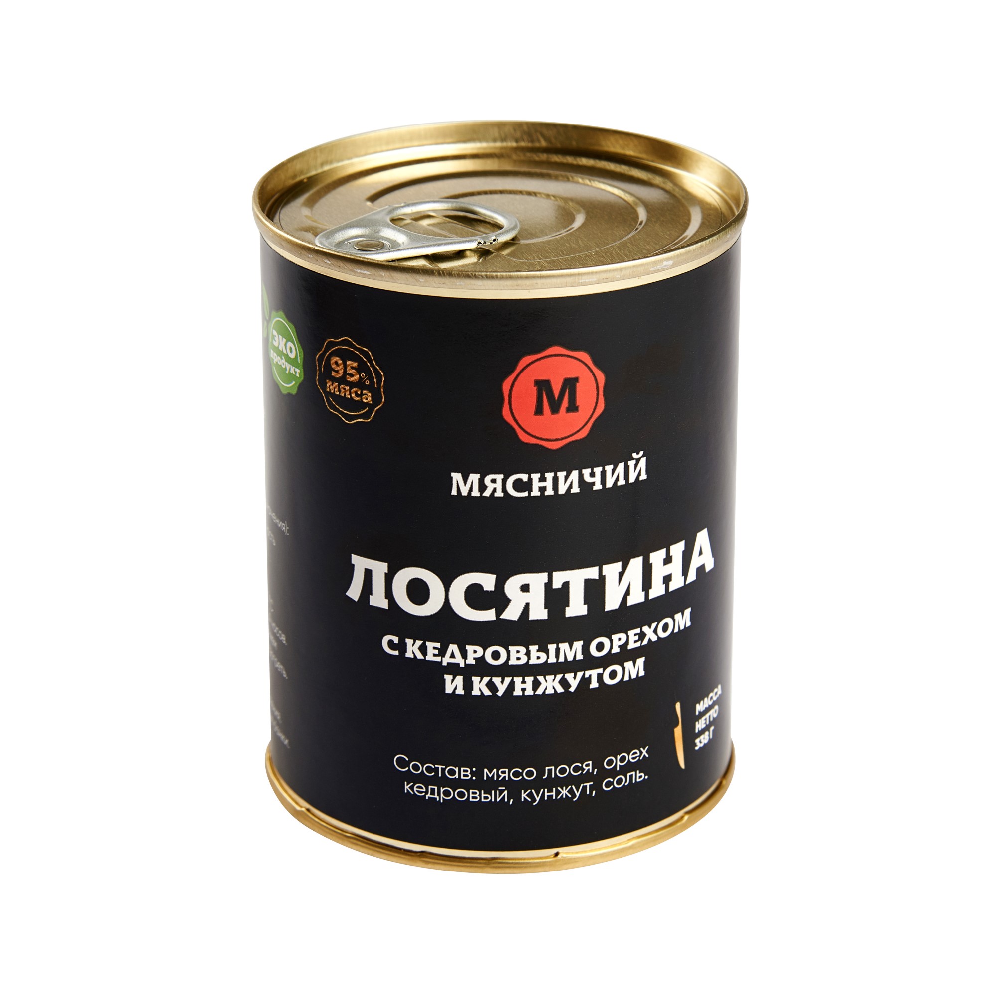 Мясные консервы Мясничий Мясо Лося с кедровым орехом и кунжутом Премиум 338г - фото 1