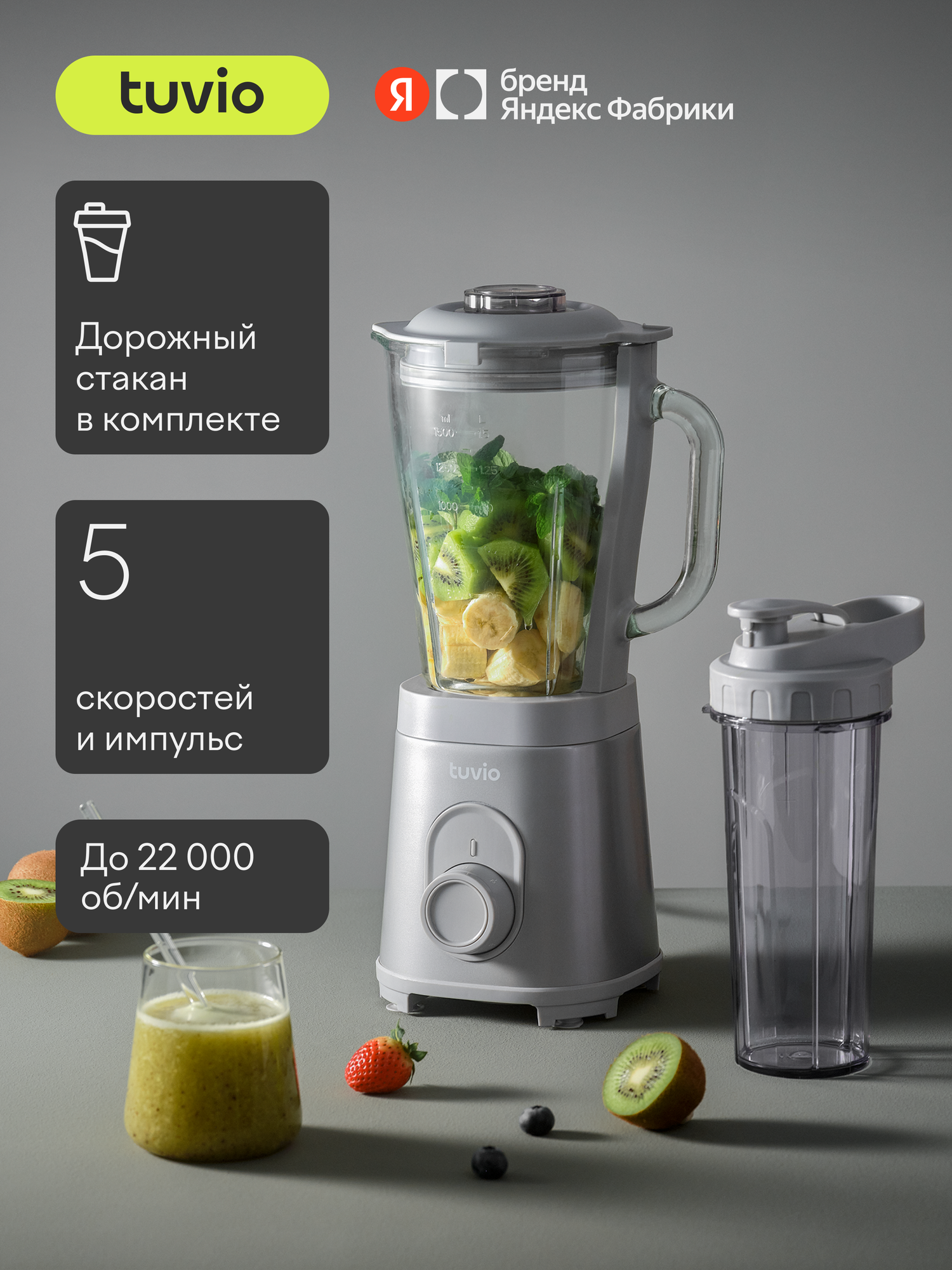 Блендер стационарный Tuvio TSB02MTB со стеклянной чашей и дорожным стаканом серый - фото 1