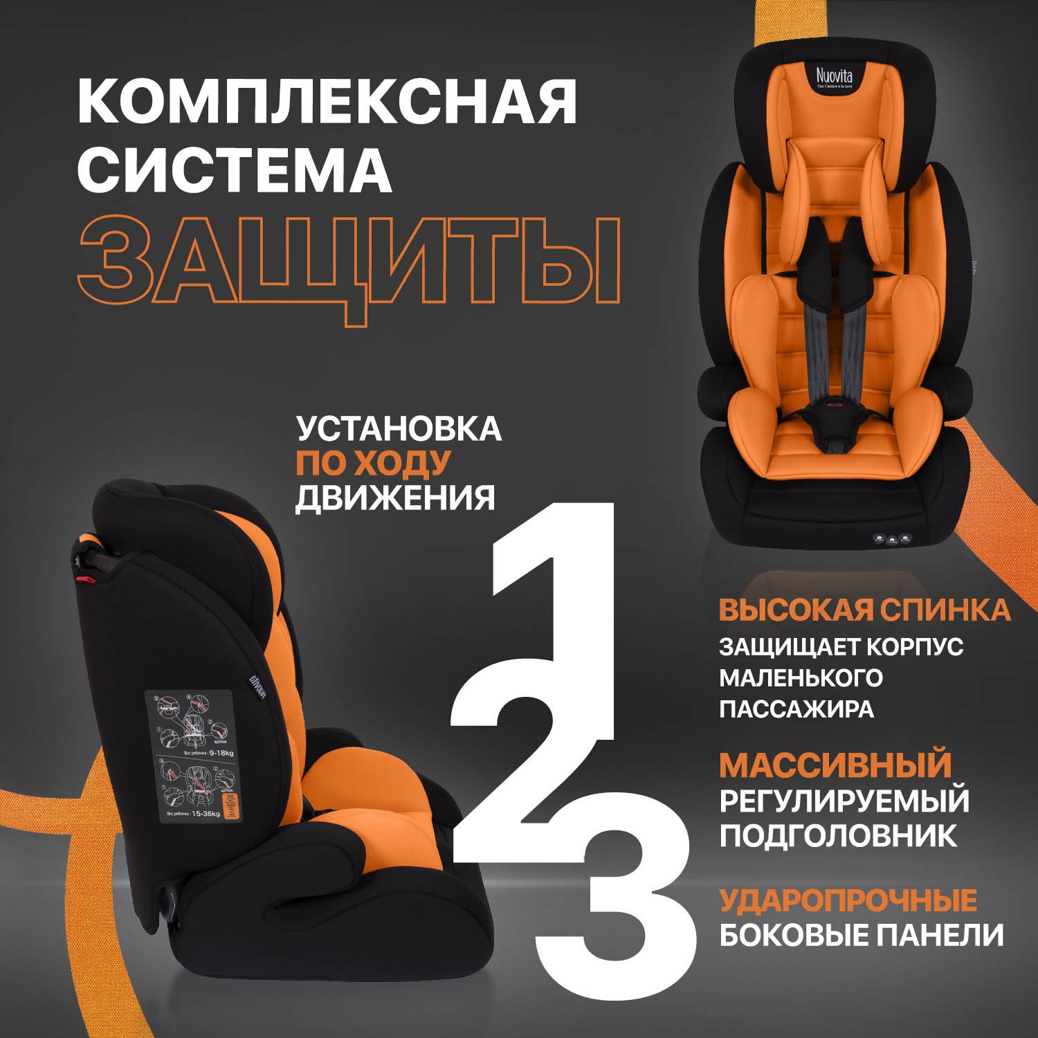 Автокресло Nuovita Maczione N123-1 1/2/3 (9-36 кг) оранжевый - фото 4