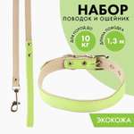 Комплект Пушистое счастье ошейник и поводок из экокожи салатовый с бежевым