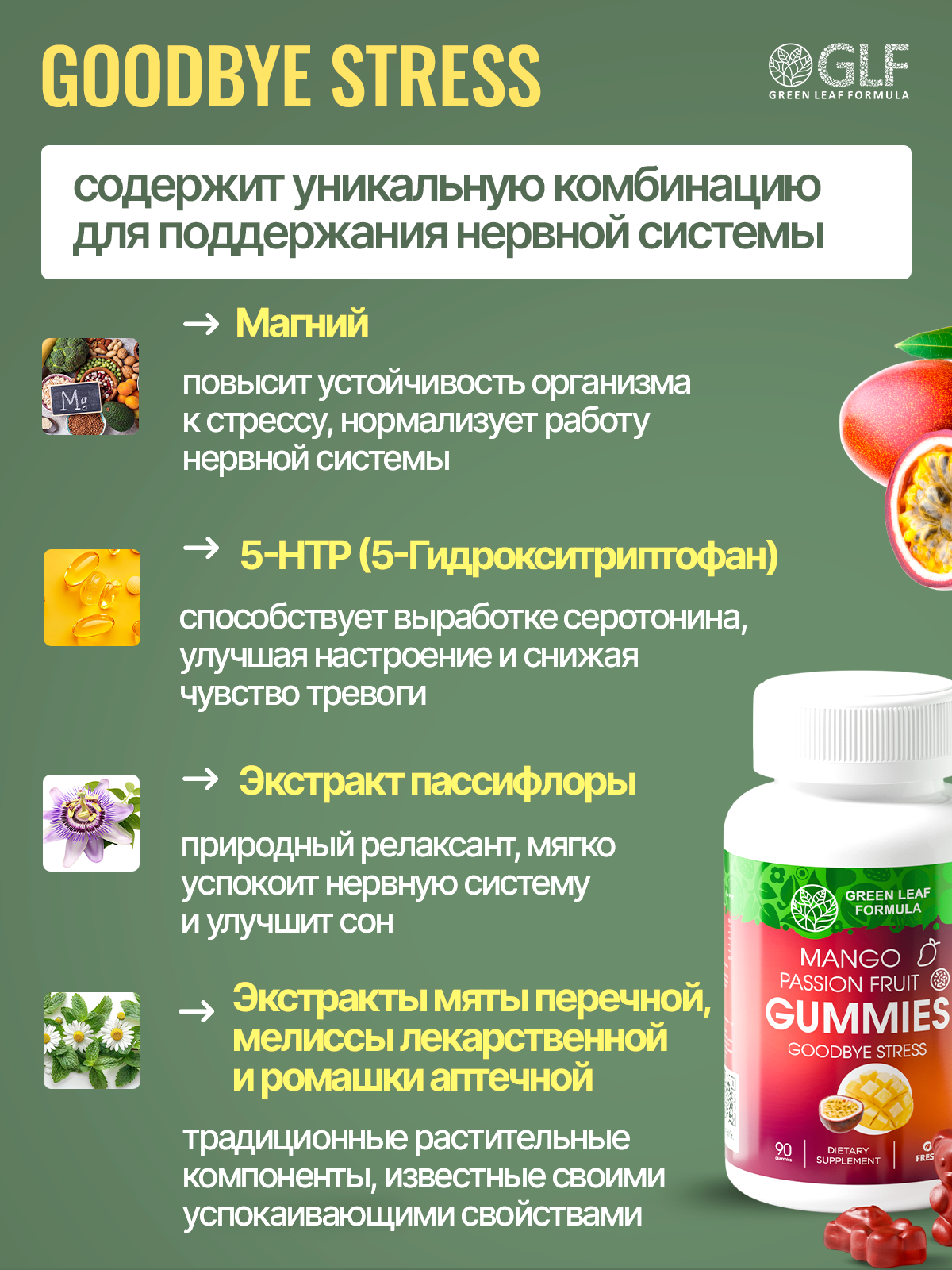 Мармеладные витамины от стресса Green Leaf Formula пастилки со вкусом манго маракуйя для нервной системы для сна - фото 6