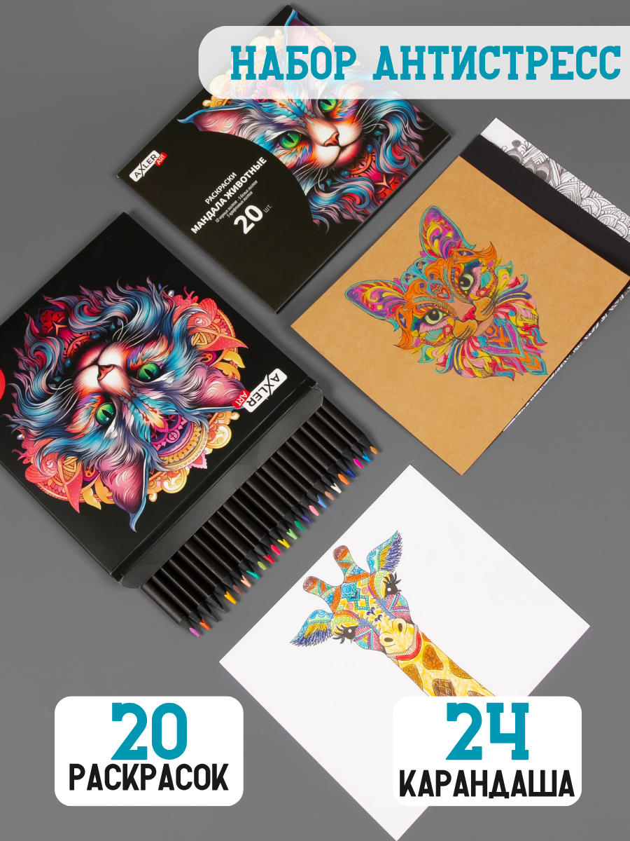 Раскраска для взрослых антистресс AXLER набор для раскрашивания и арт терапии мандалы 20 шт и карандаши 24 цв - фото 1