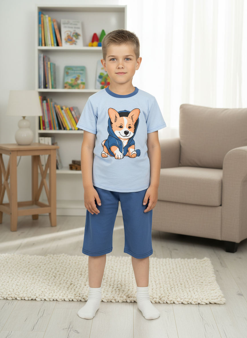 Футболка и шорты Утенок 7056п голубой джинс корги - фото 1