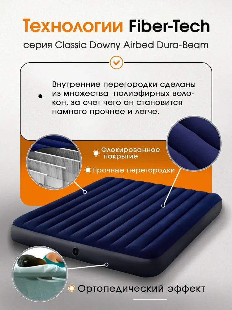 Матрас надувной Intex Classic Downy Airbed Fiber-tech / 183x203x25 см - фото 3