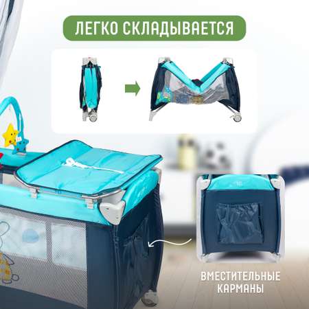 Складной детский манеж-кровать Solmax с мягким матрасом на колесиках синий HW97979