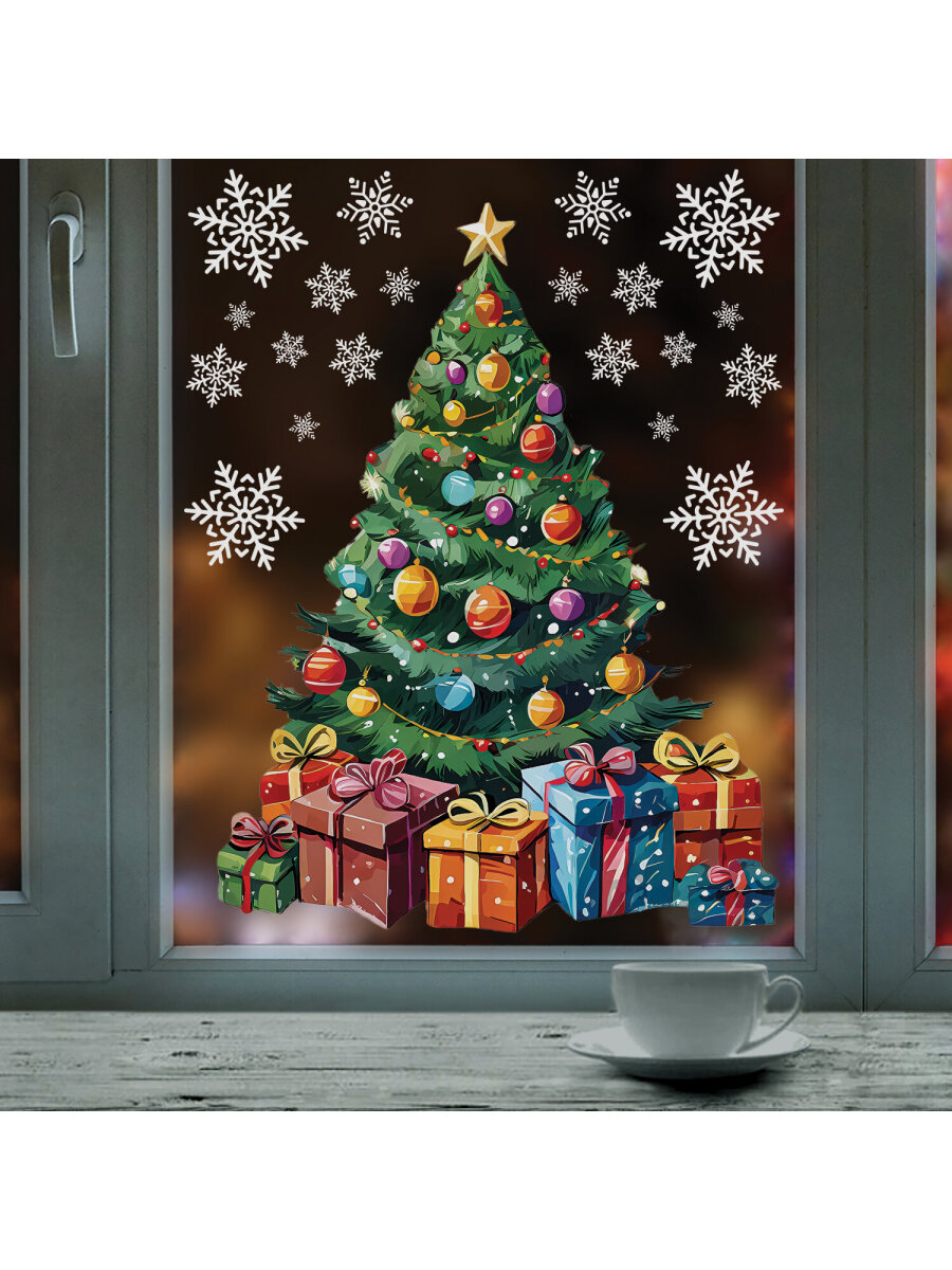 Новогодняя наклейка Золотая сказка на окна и стекла двусторонняя многоразовая Елка 30x38 см - фото 9