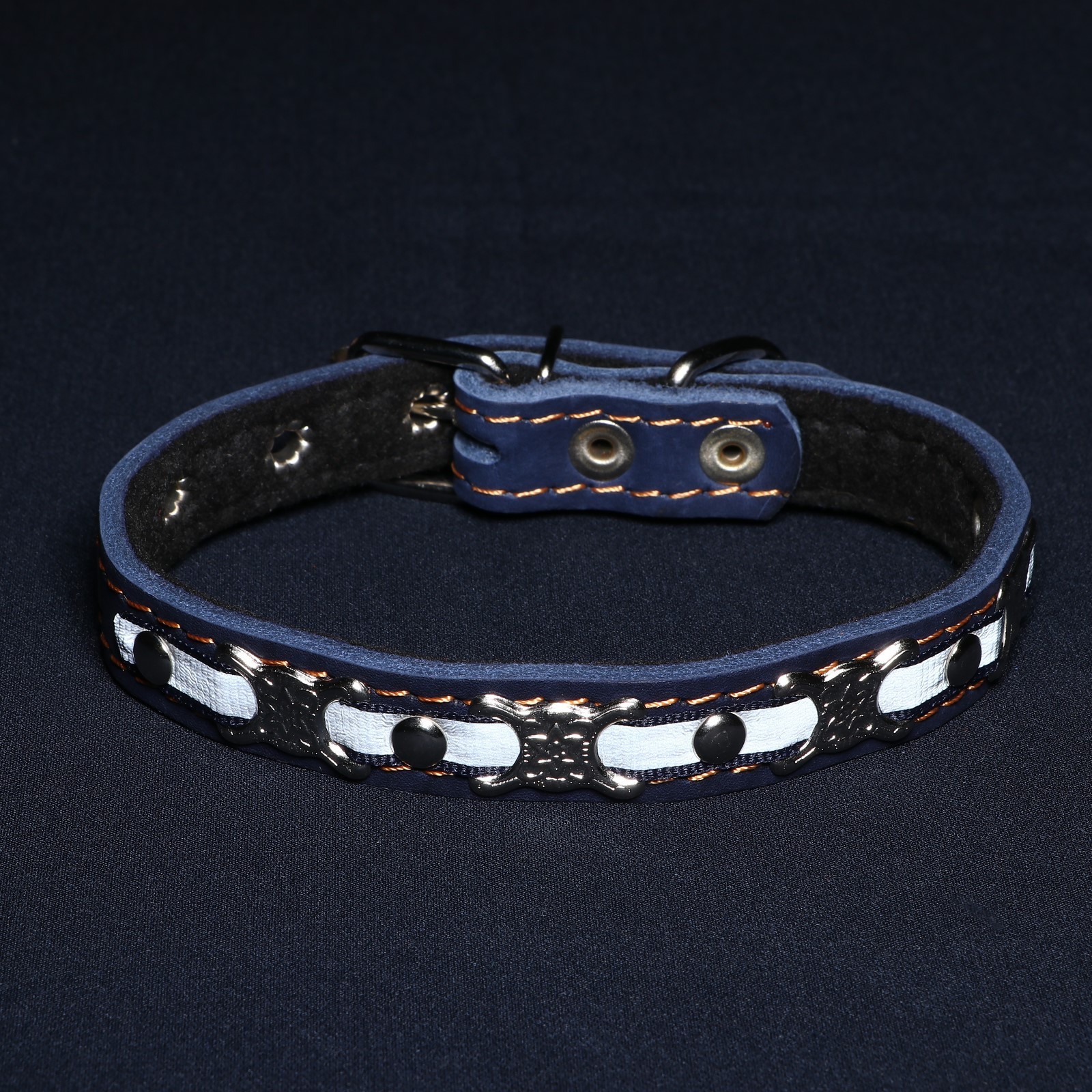 Ошейник Пижон кожаный светоотражающий на синтепоне 45х2 см бабочка синий - фото 8