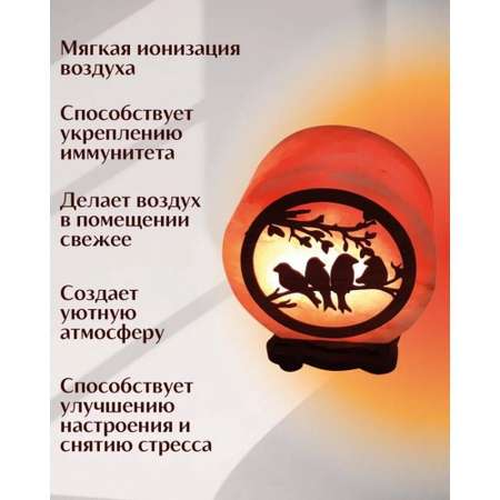 Солевая лампа Wonder Life Круг-5 Птички с деревянной картиной 2-3кг Гималайская соль