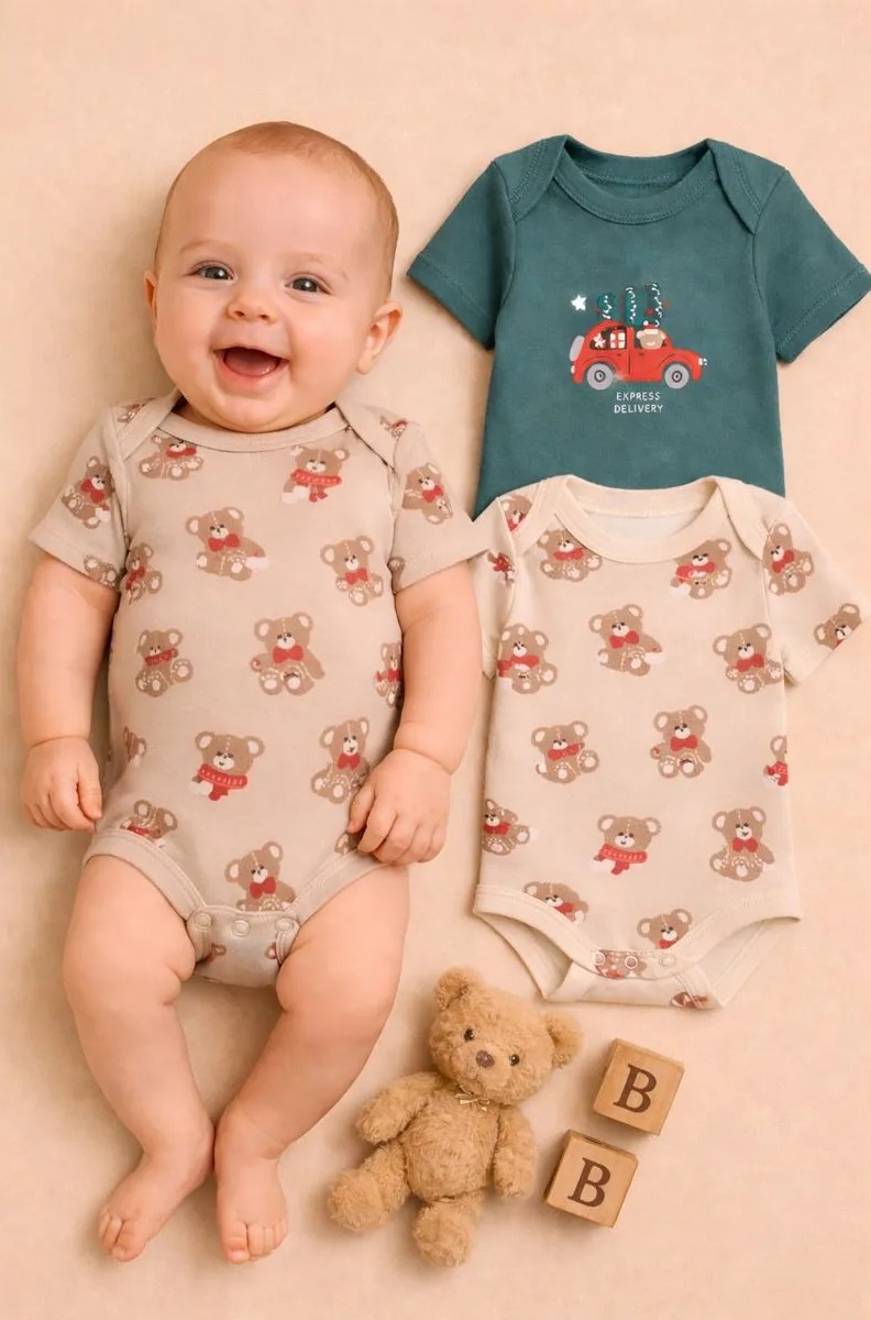 Боди 2 шт Mark Formelle (Марк Формэль) 13015-1-2/НГ мишутки на бежевом +изумруд - фото 1