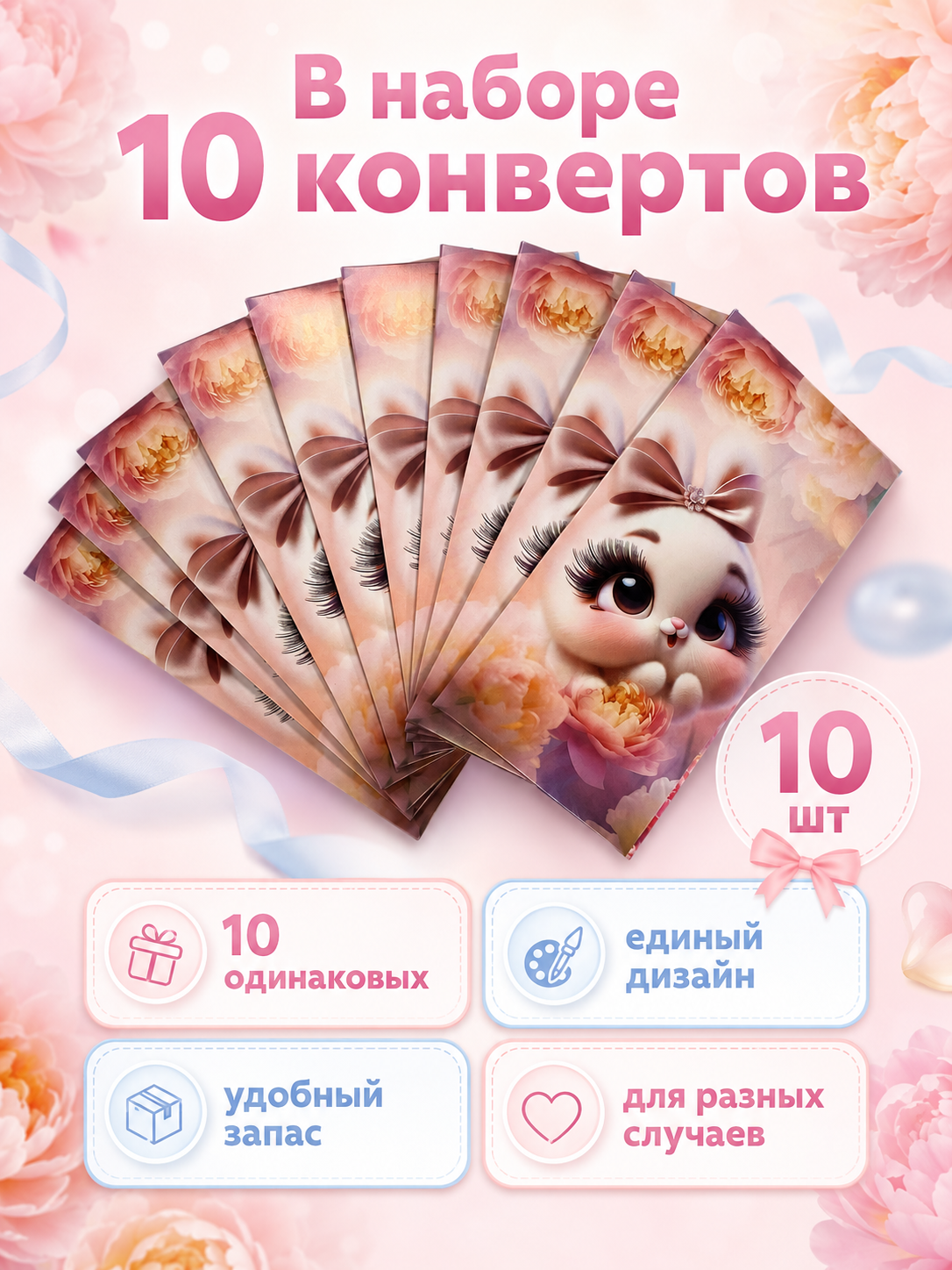 Конверты для денег детские Филькина Грамота с зайчиком, 10 шт. - фото 4