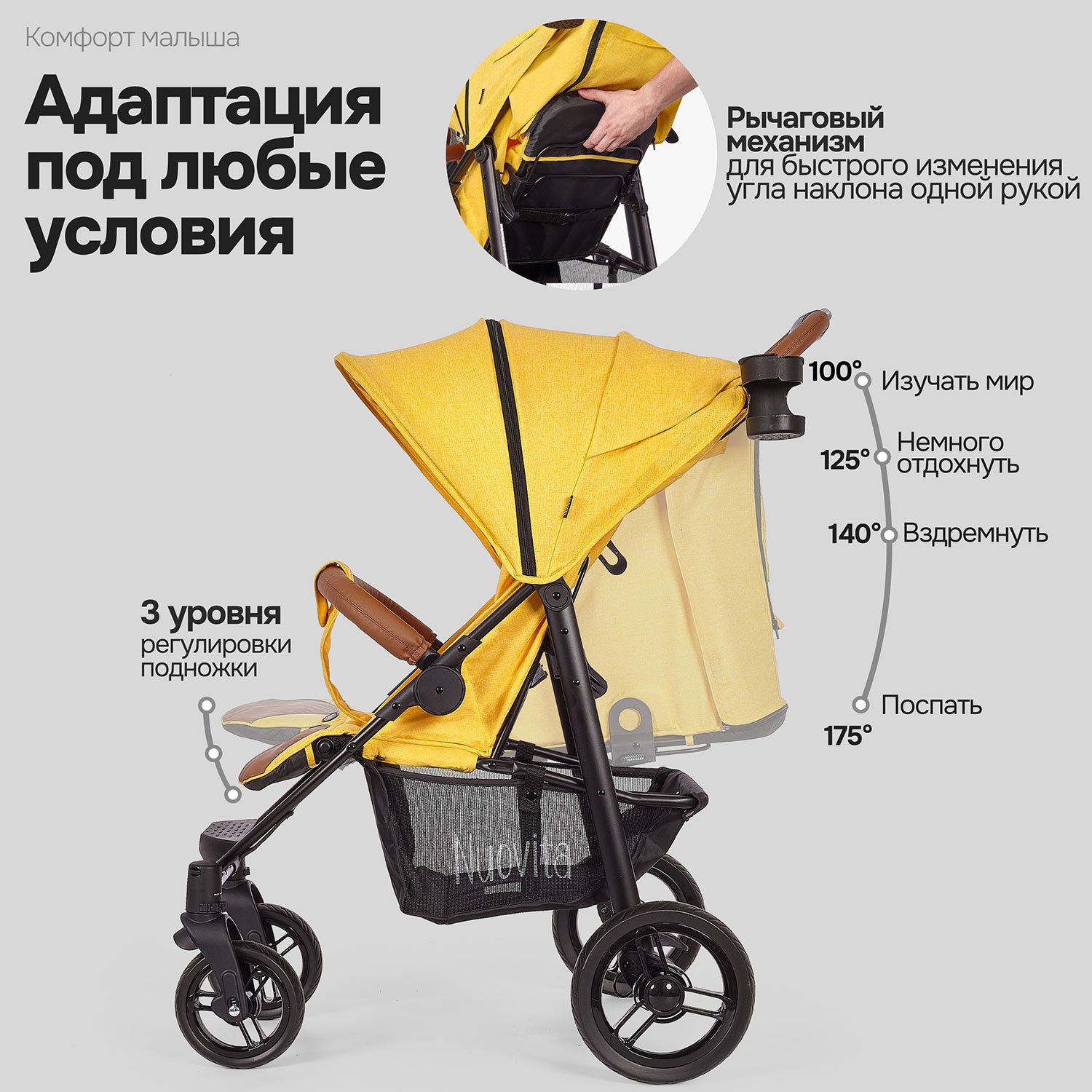 Коляска прогулочная Nuovita Corso желтый - фото 4