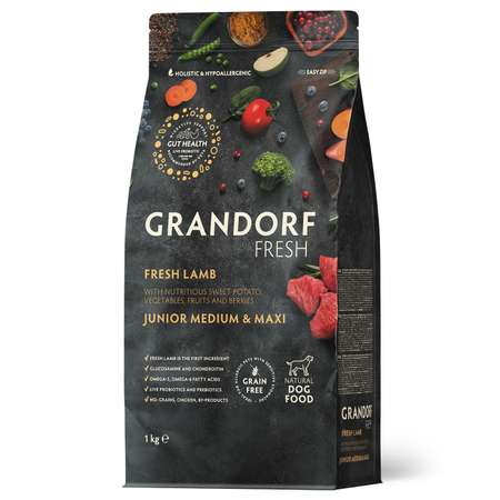 Корм для щенков Grandorf Fresh Junior Lamb/Sweet Potato сред и круп пород Свежее мясо ягненка 1кг беззерн с жив пробиотиками