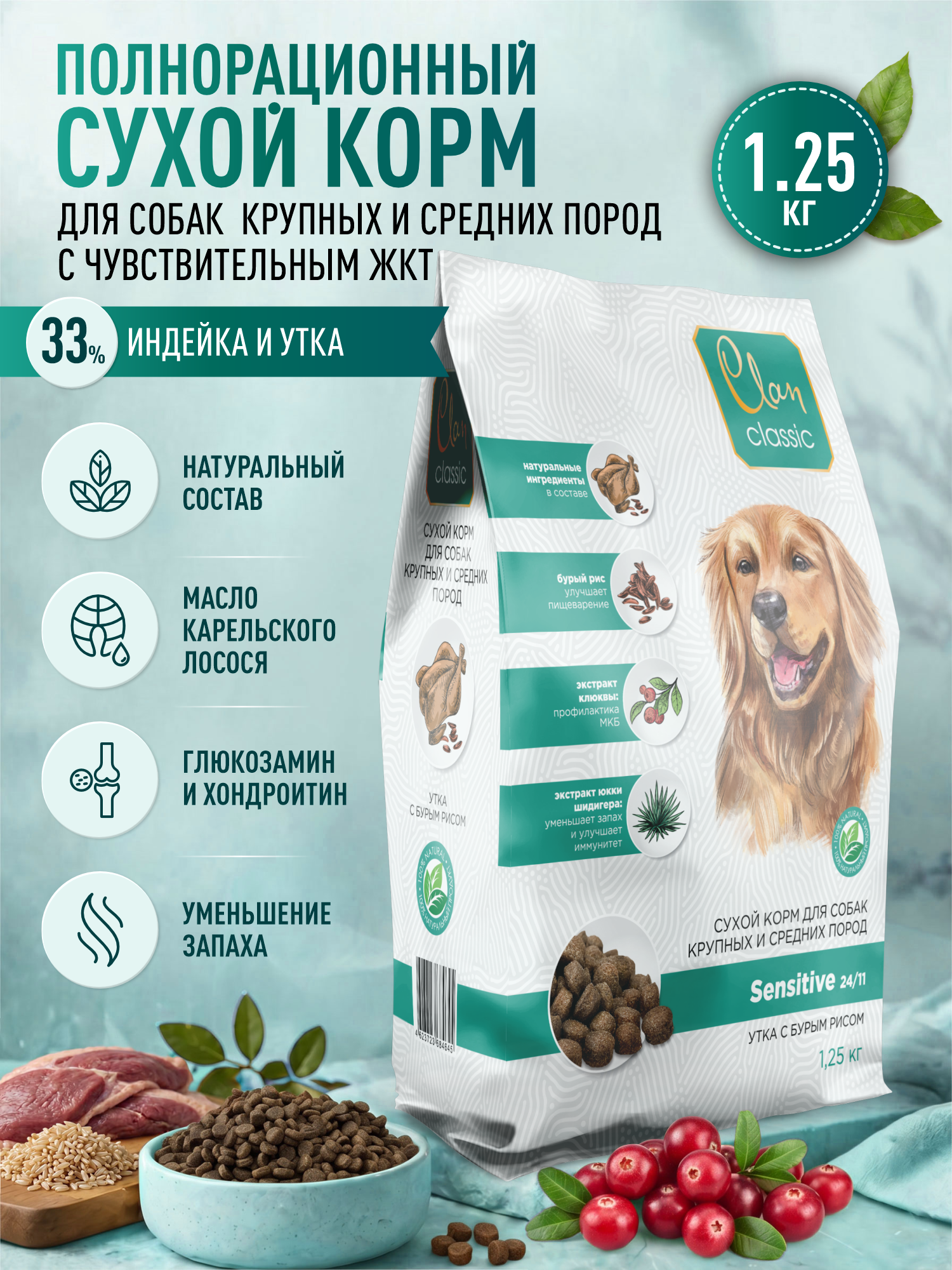 Корм для собак крупных и средних сухой Clan Classic Sensitive 24/11 с чувствительным пищеварением утка с бурым рисом 1.25кг - фото 1