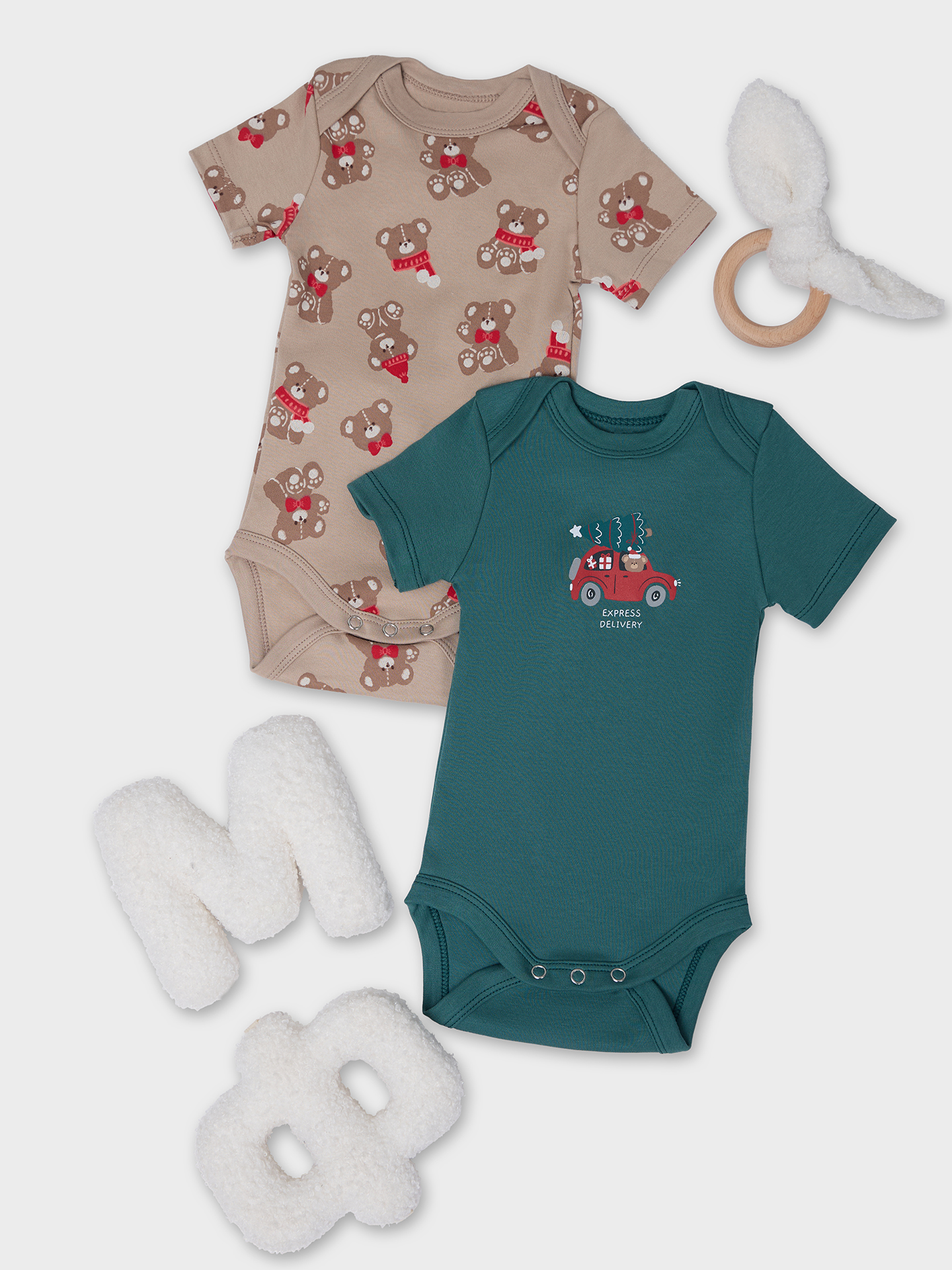 Боди 2 шт Mark Formelle (Марк Формэль) 13015-2/НГ мишутки на бежевом +изумруд - фото 1