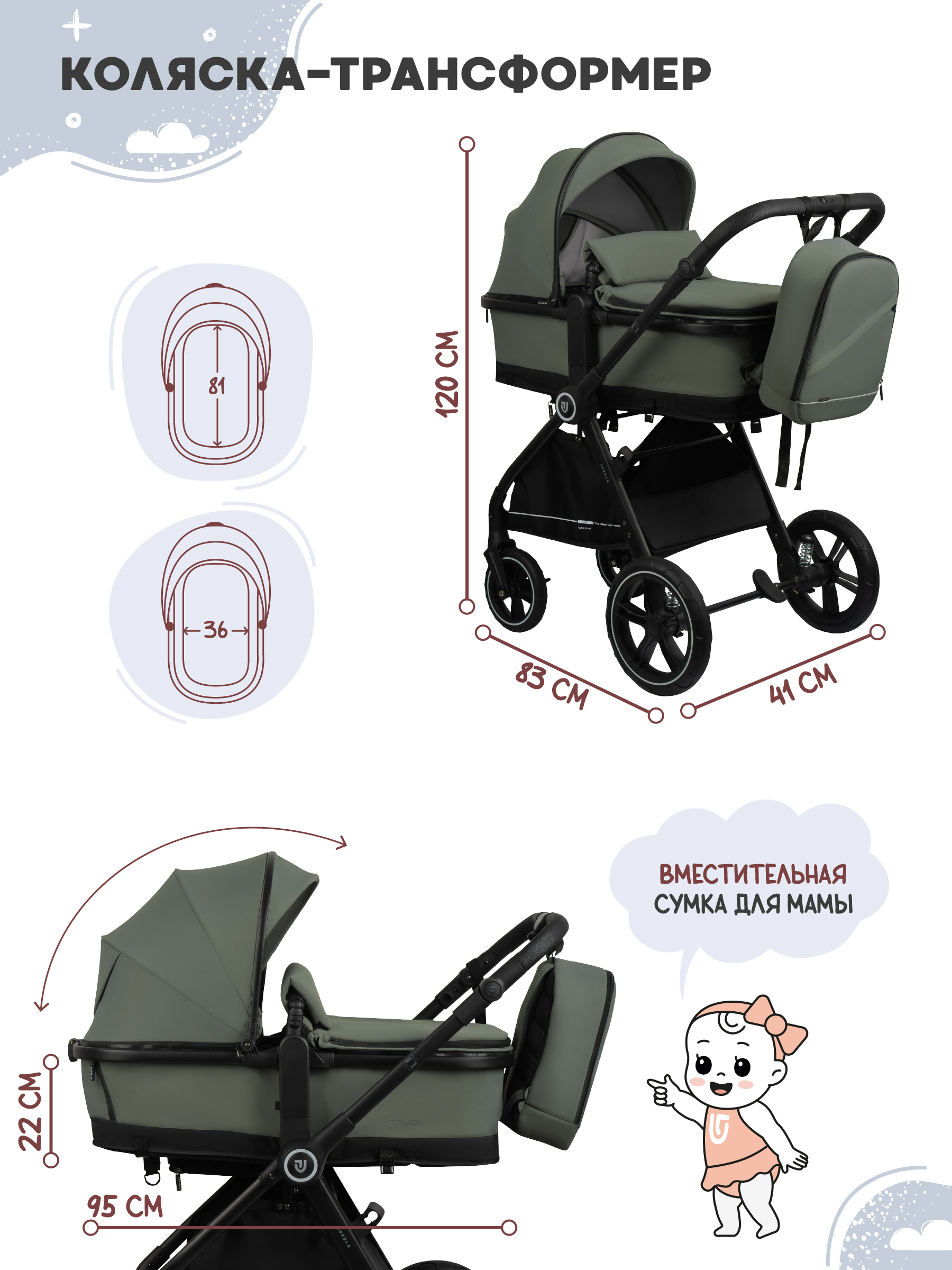 Коляска трансформер JOVOLA Truck перекидная ручка зеленый - фото 3