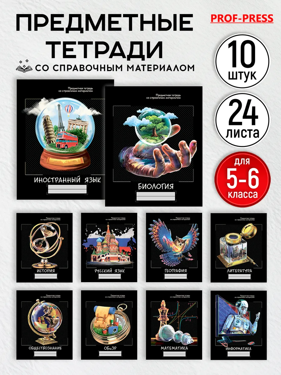Тетрадь Prof-Press 24 лист. 10 шт. (Иностранный язык, Биология, История, Русский язык, Литература, Алгебра, Информатика) - фото 1