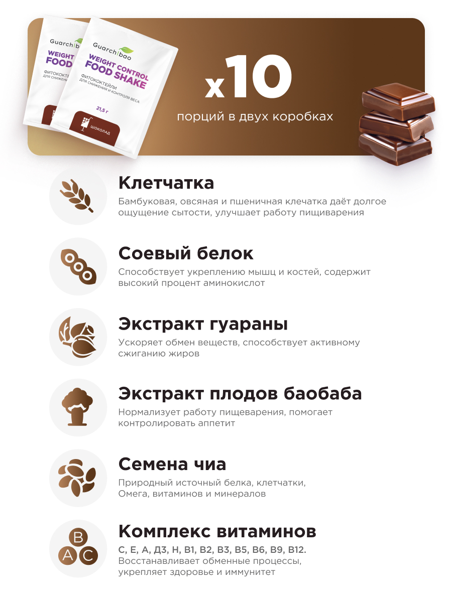 Многокомпонентный препарат Guarchibao Фитококтейль белковый шоколад 2 шт - фото 3