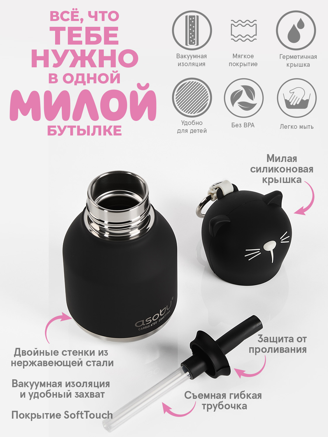 Термобутылка ASOBU Bestie mini Кошка, 200 мл - фото 3