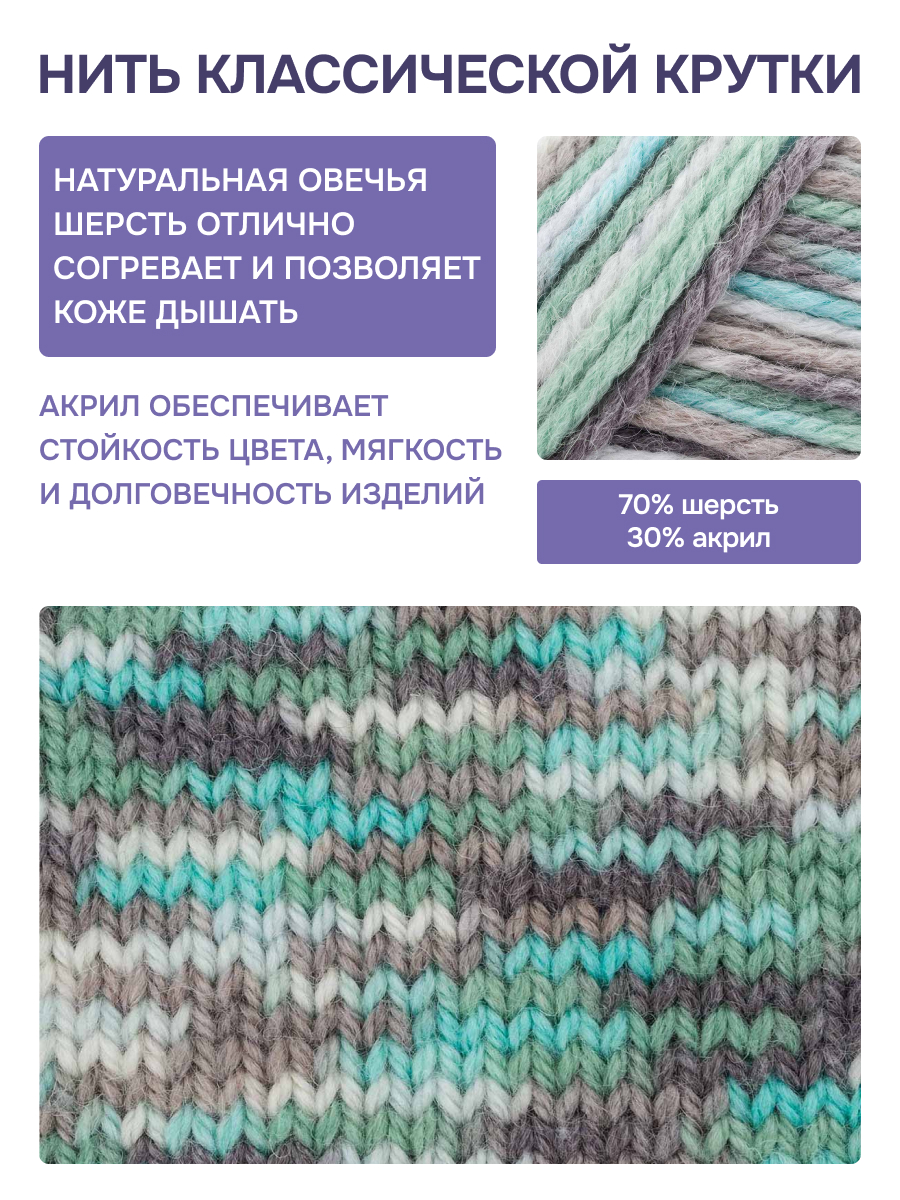 Пряжа для вязания Люблю Вязать Шерстяная секционная 100 г 125 м 3 шт - фото 2