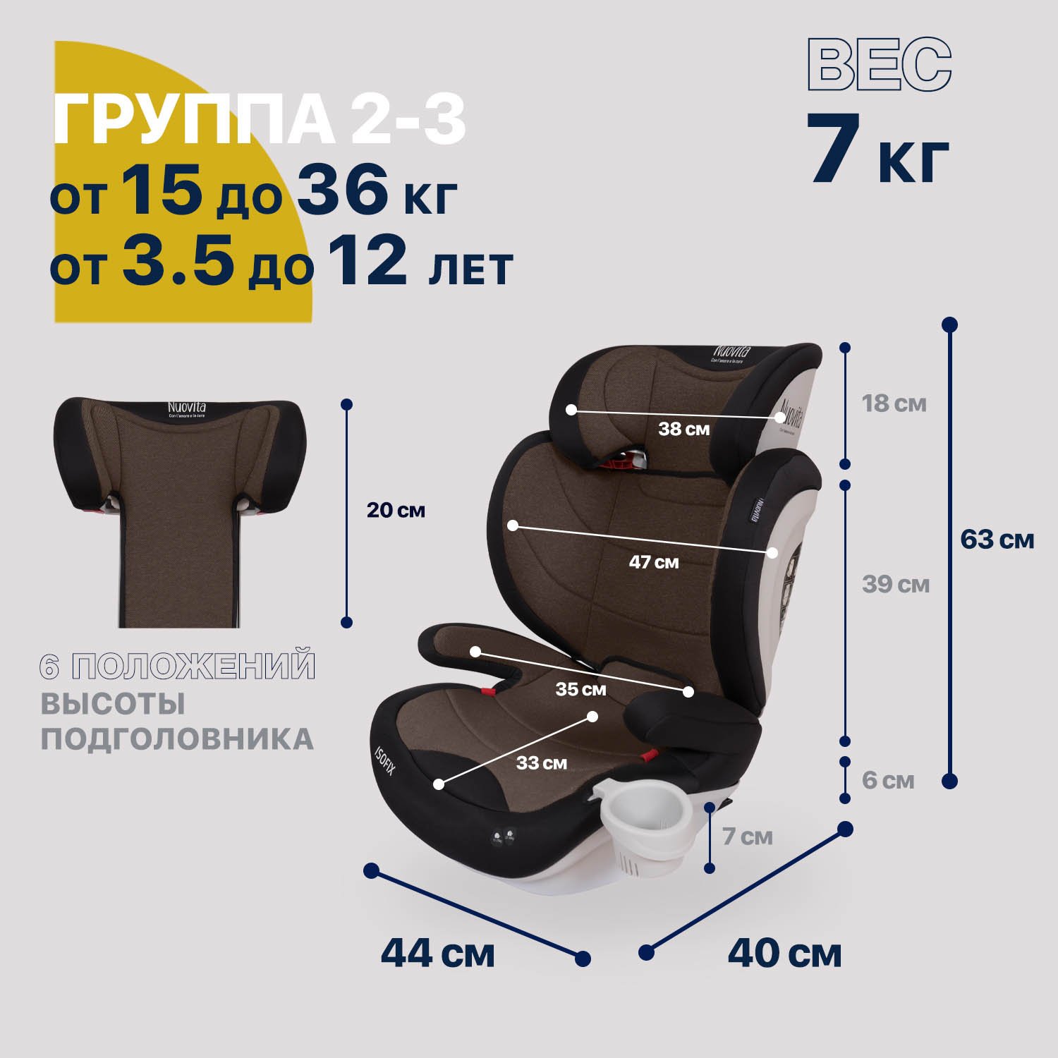 Автокресло Nuovita Maczione N23i-1 Isofix 2/3 (15-36 кг) коричневый - фото 8